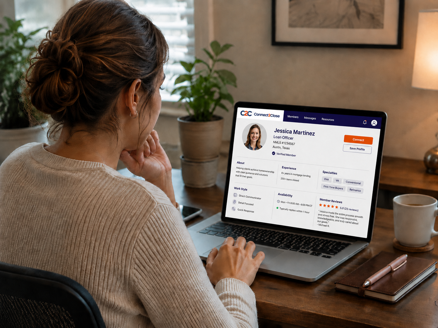 Mortgage professional reviewing a Connect2Close member profile