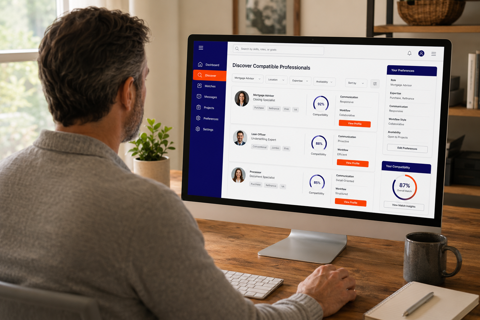Mortgage professional viewing compatible professional profiles in the Connect2Close dashboard
